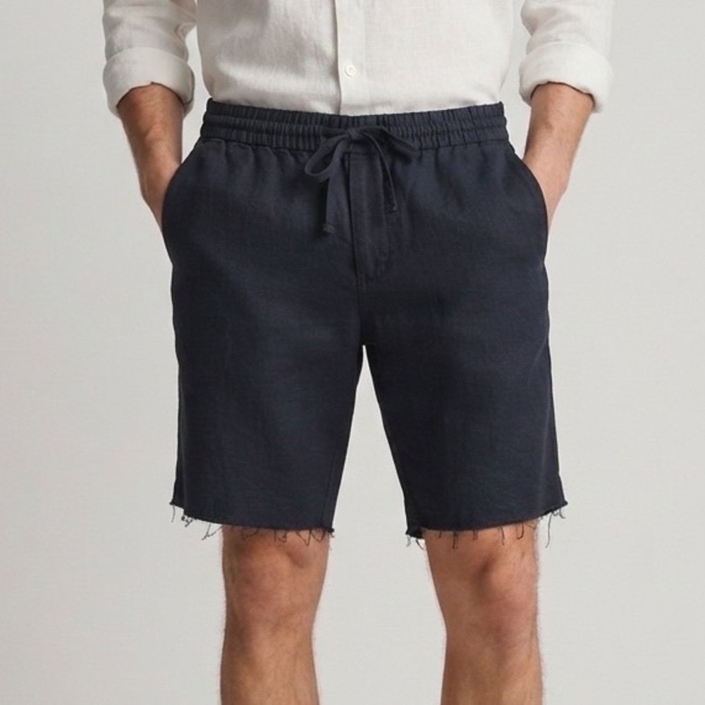 Vince Mens Navy Blue 100% Hemp Raw Hem Drawstring Casual Shorts Large L